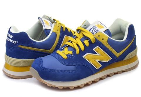 New Balance 574 blue and yellow sneakers